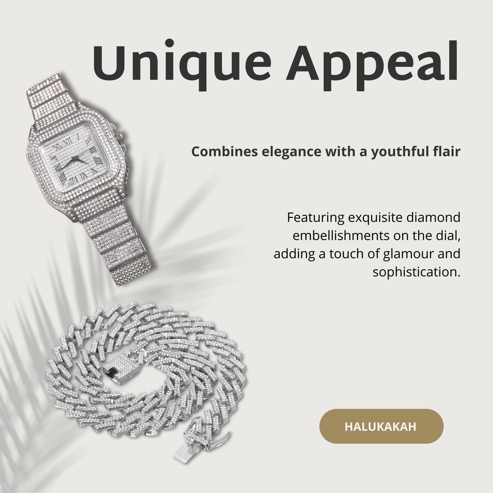 HALUKAKAH Iced Out Diamond Watch dla nastolatków - pozłacany 18-karatowym złotem / platyną, kwadratowa tarcza 40 mm, długość 20 cm, opcjonalnie z łańcuszkiem kubańskim i narzędziem do regulacji