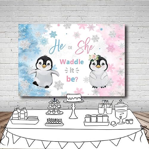 Miniatura 4 de MEHOFOND Fondo de pingüino de invierno para revelación de género de 7 x 5 pies, Waddle It Be Boy o Girl, fondo de fotografía azul o rosa, baby