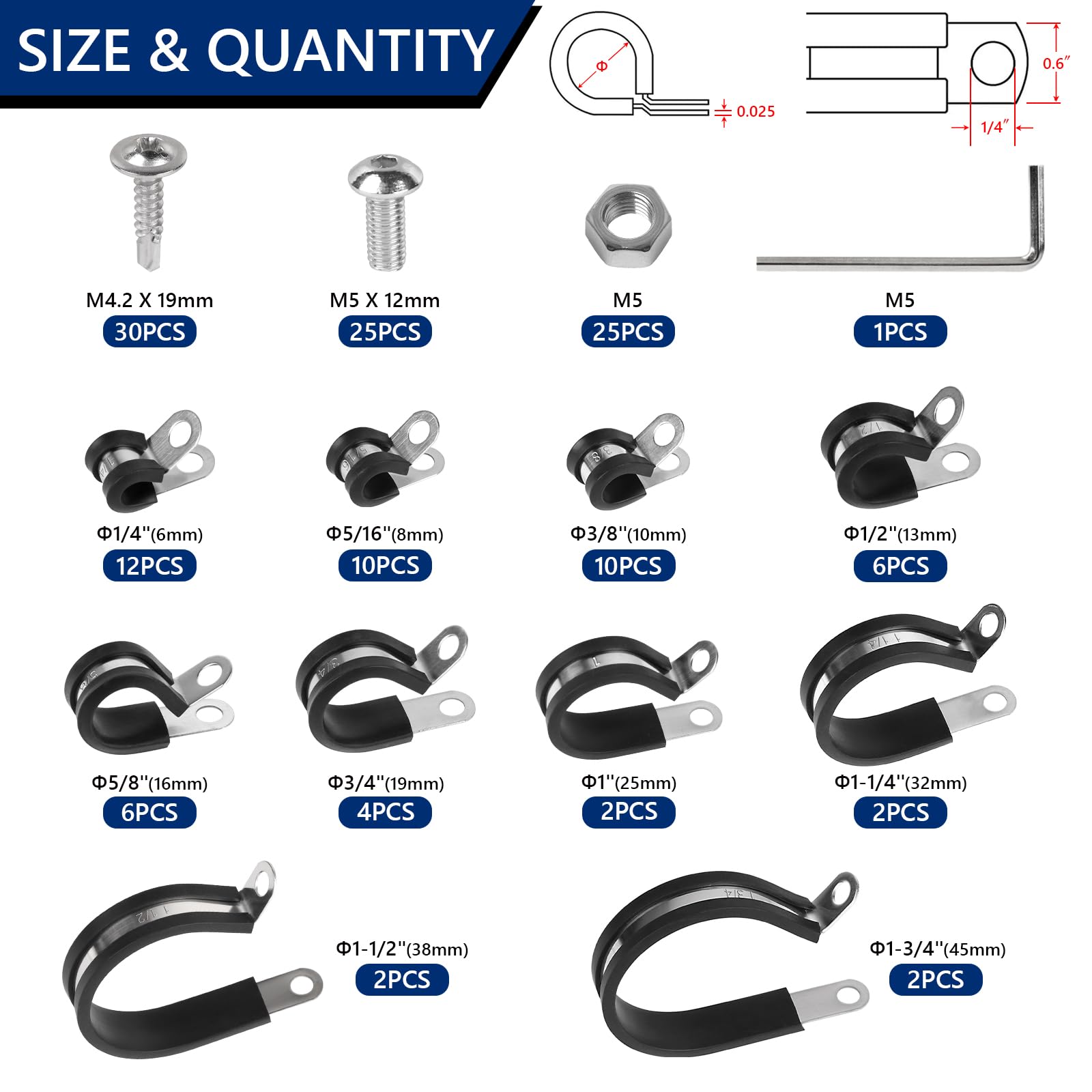 EXLECO Pack of 136 Cable Clamps for Screwing Cable Clamps Stainless Steel Kit Rubber P Clips Pipe Clamps with Rubber Insert Pipe Clamp for Line Wire Pipe 6 mm 8 mm 10 mm 13 mm 16 mm 19 mm 25 mm 32 mm - Image 2