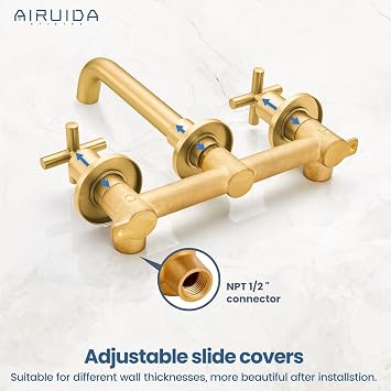 Airuida Solid Brass Widespread Wall Mount Bathroom Faucet with 360 Swivel Spout Wall Mounted Lavatory Faucet Vanity Sink Mixer Tap with Rough in Valve and Double Cross Handles Brushed Gold