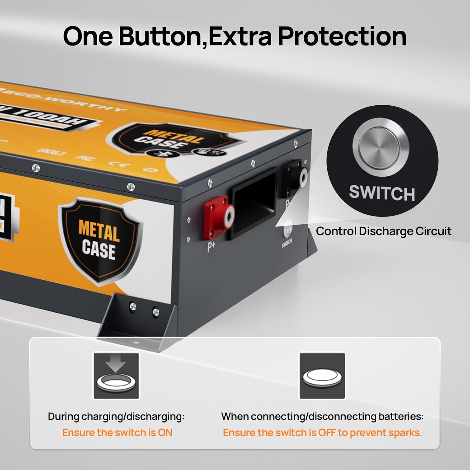 Close-up of the ECO-WORTHY battery showing the safety switch and instructions for use