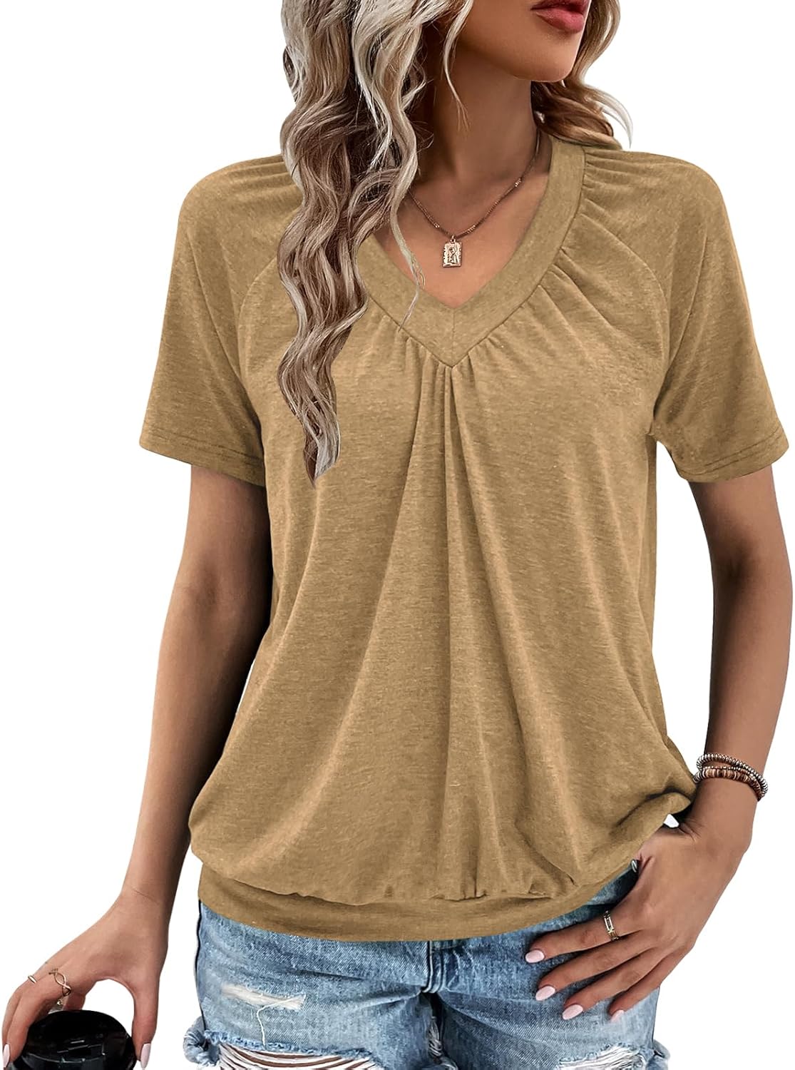 Summer Tops for Women 2025 Shorts Sleeve Womens Tops,V Neck Soft Casual Loose Fit Ruched Top T Shirts Tee Clothes