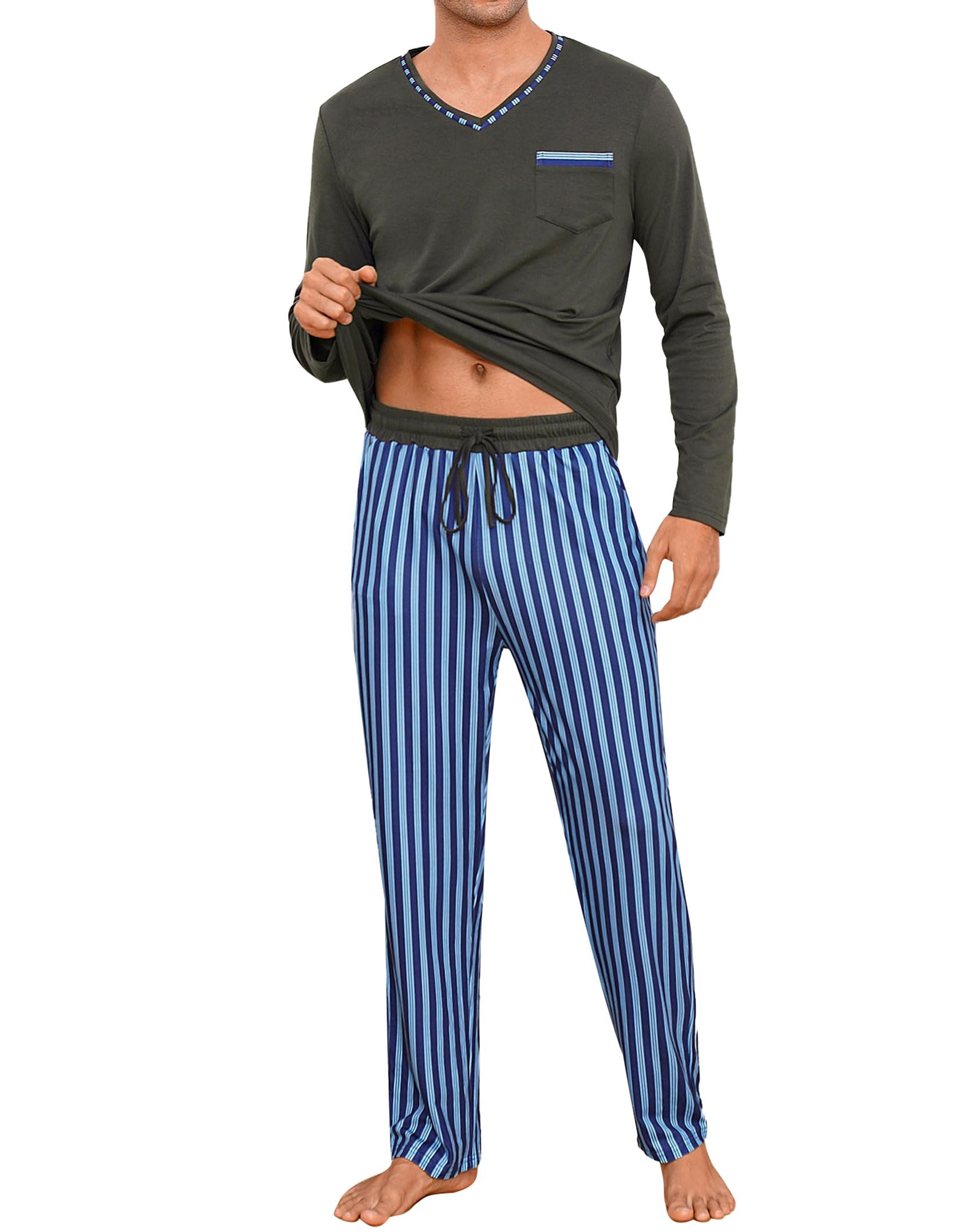 Demegimi Pigiama Uomo Invernale Cotone Leggero Pigiama da Uomo a Righe Pigiami Due Pezzi da Uomo a Maniche Lunghe con Scollo a V e Pantaloni