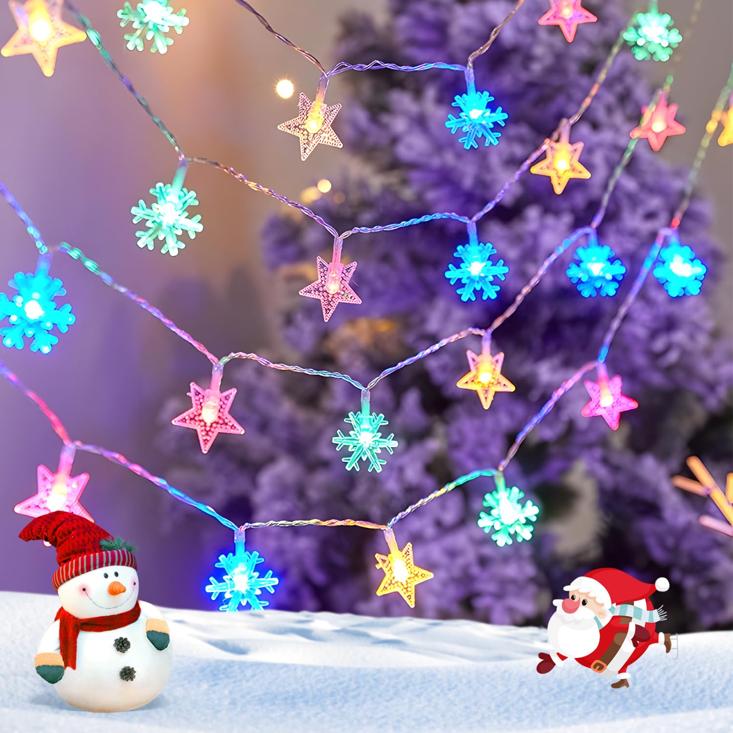 Aigostar 2.5m 25 LED Guirnaldas Luces Pilas Estrella y Copo de Nieve, 8 Modos Cadena de Luces Navidad, IP44 Impermeable Luces de Hadas con Temporizador para Interior, Exterior, Fiesta, Bodas (RGB)