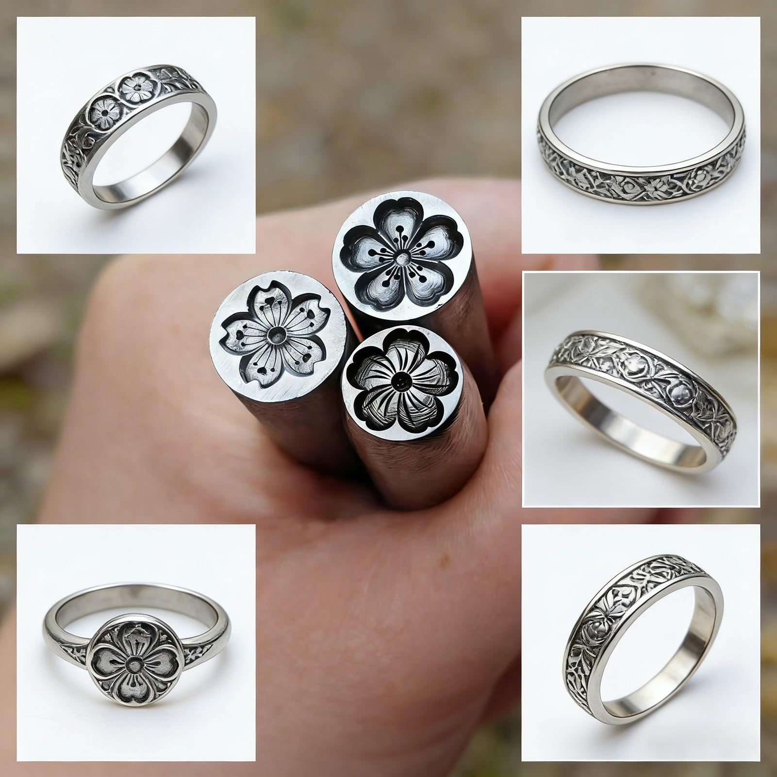 Timbri Metallici Kit per stampaggio Metalli con Motivo Floreale Timbri in Acciaio per la creazione di Gioielli in Metallo, Pelle, Legno e Fai da Te(Plum Blossom -1,14MM)