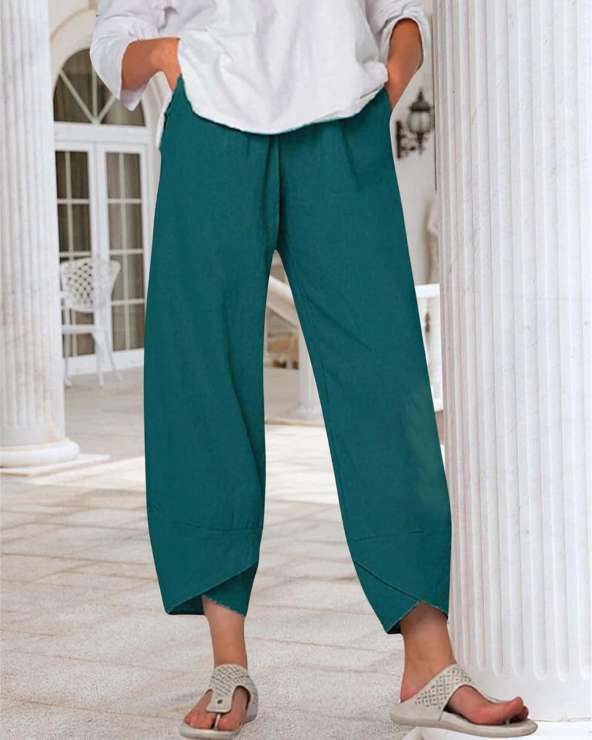 Cotton Linen Summer Casual Capri Pants for Women Printed Waist Wide Leg Palazzo Cropped Baggy Trousers with Pockets - Image 2