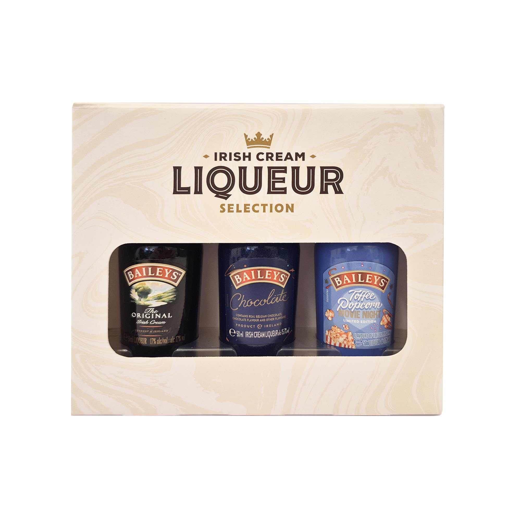 Baileys Irish Cream Liqueur - 3 x 5cl The Original Irish Cream, Chocolate & Toffee Popcorn, in a beautiful gift pack, ideal Christmas or Birthday present. By Blue Tree Gifts.