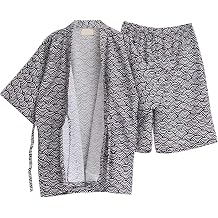 Japanese Kimono Pajamas Shirt and Shorts, Cotton Linen Loungewear Sleepwear Spa Bathrobe for Men and Women, Black White