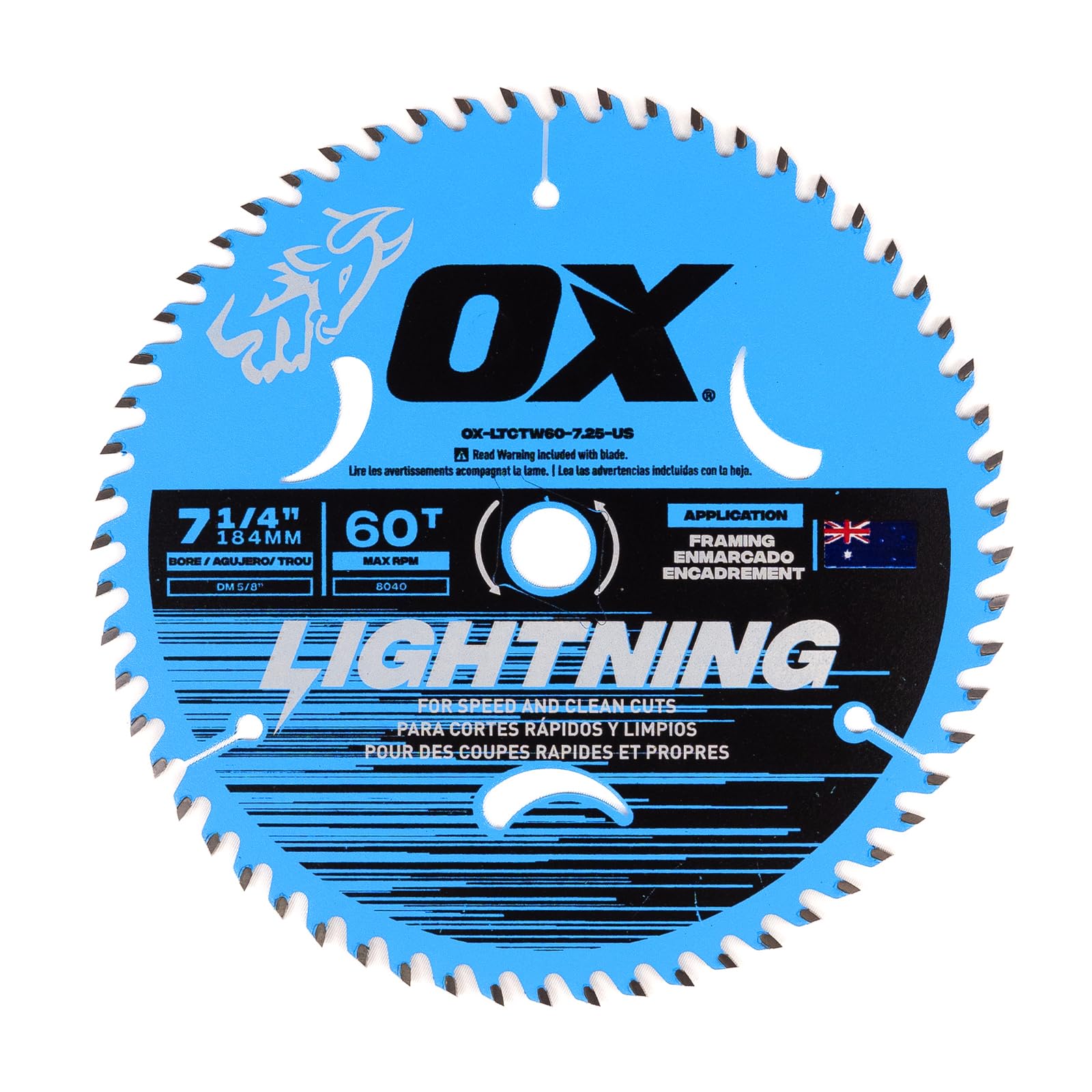 OX Tools Lightning 7-1/4" Circular Saw Blade for Framing - 184mm 60 Tooth & 5/8" Bore Laser Cut Carbide Tipped M9 Grade Construction - Circular Saw