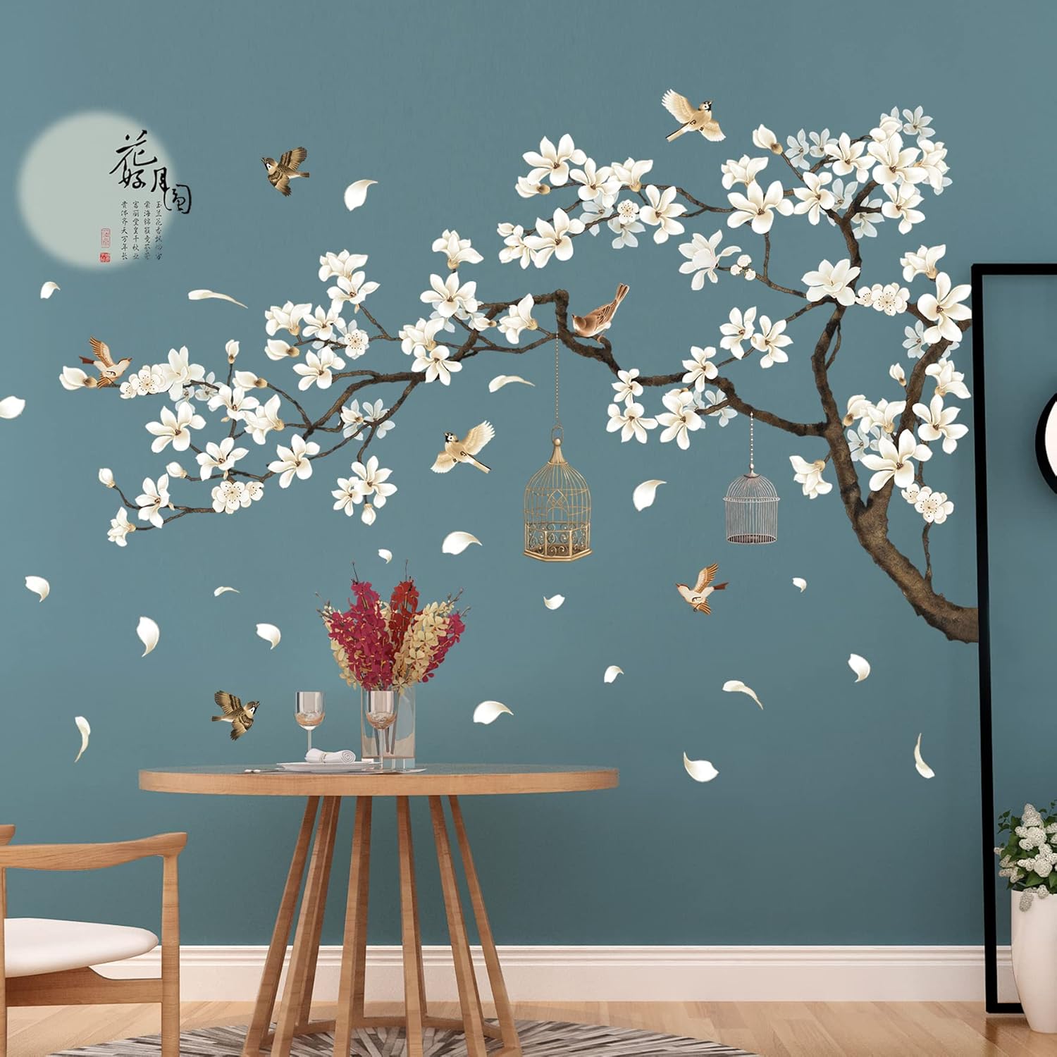 LiveGallery White Peach Blossm Flowers Wall Stickers Chinese Style Tree Branches Wall Decals Removable DIY Ancient Poems Petal Moon Birdcage Wall Art Murals for Girls Bedroom TV Background (Right)