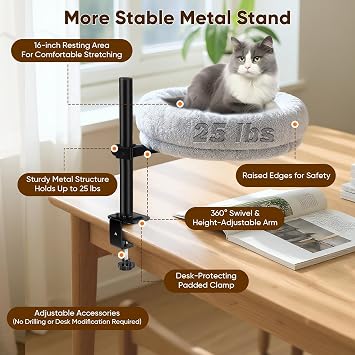 Cat Bed for Desk with 360-Degree Rotation and Height Adjustable, Kitty Beds up to 50 lbs, Multifunctional Pet Tree and Scratching Post Perfect Office Work Deskcat Beds Cat Hammock