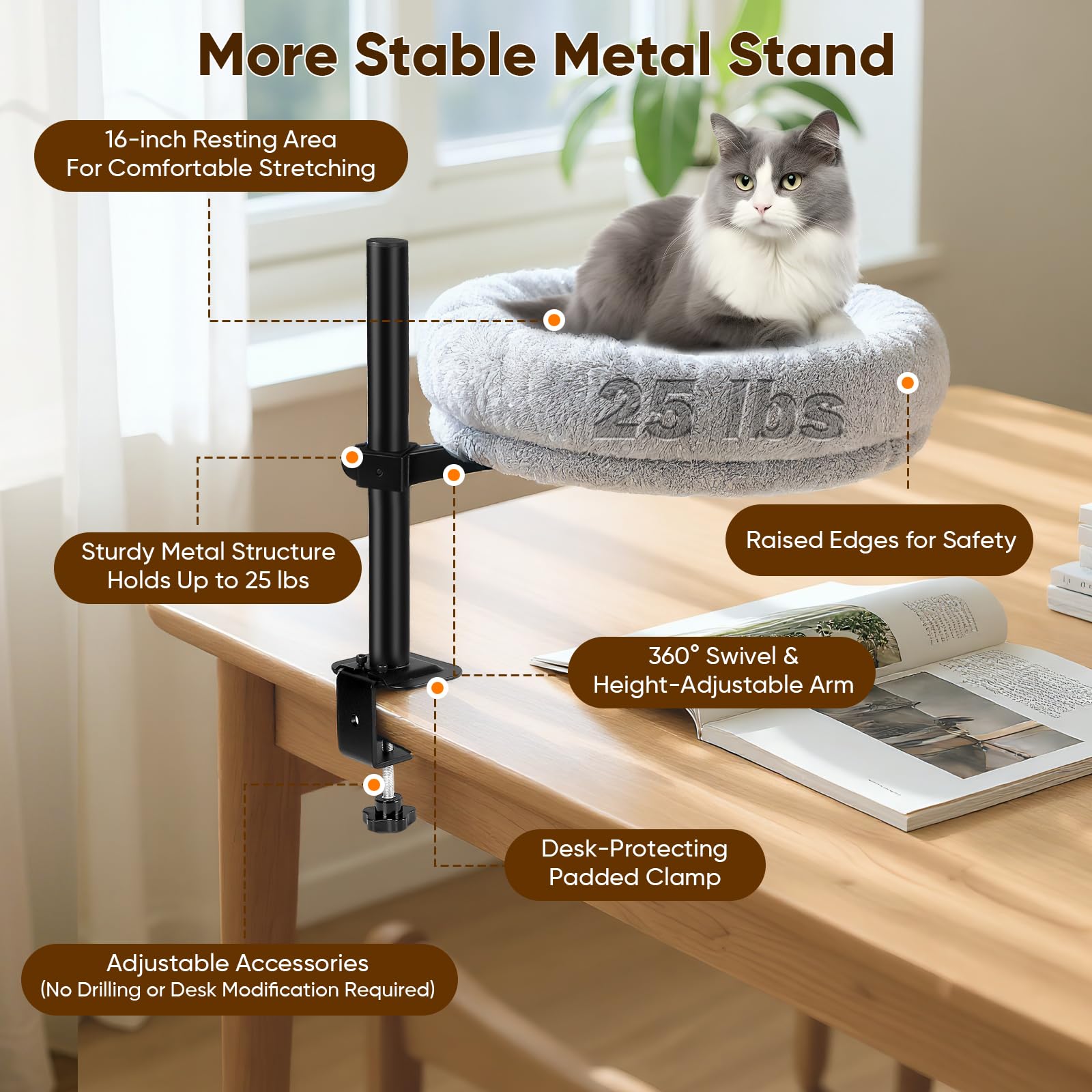 Lit bureau pour chat, Hamac chat pivotant à 360° et réglable en hauteur