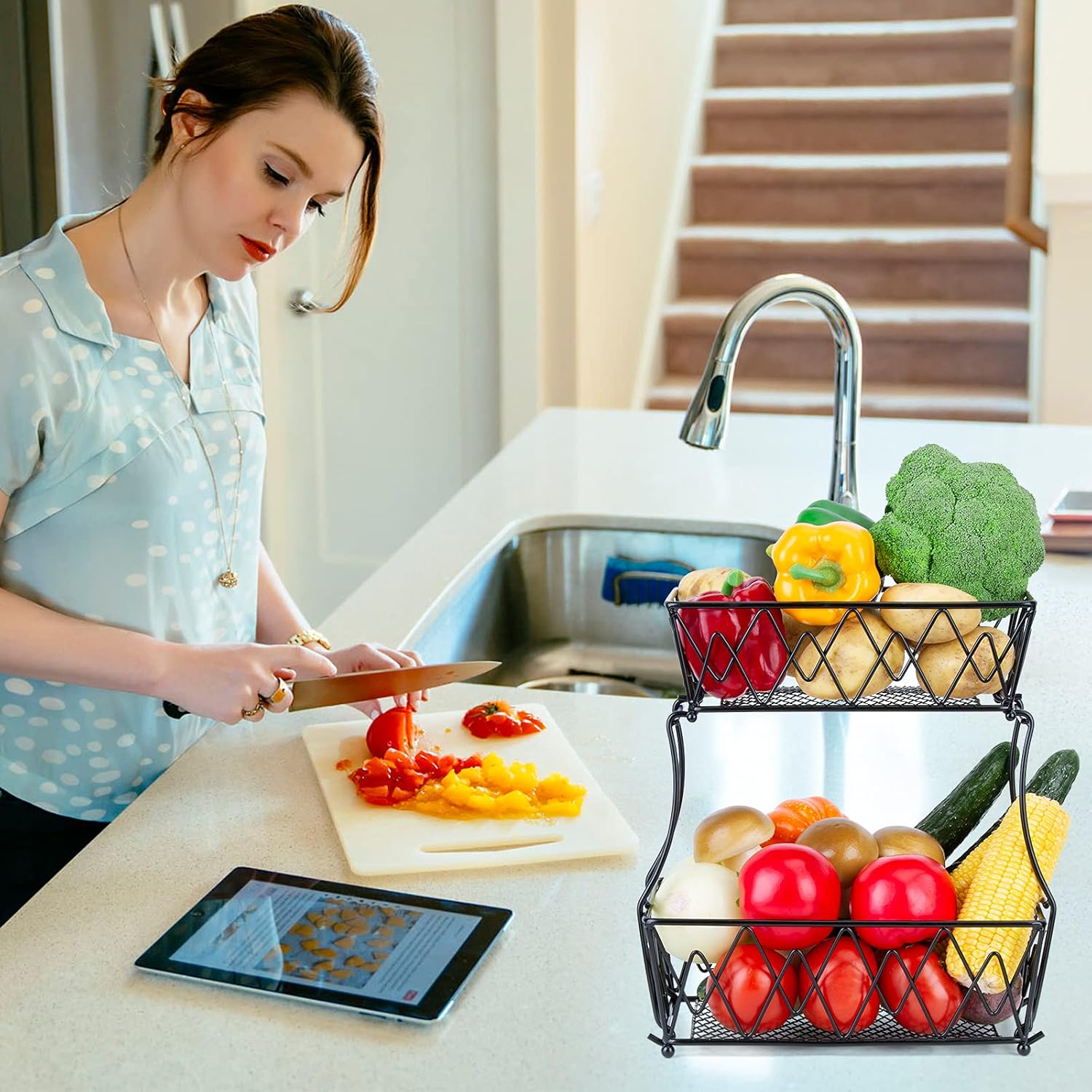Greatest Product Fruit Basket - ESEOE 2 Tier Fruits Bowl Rectangular Frutas Storage for Kitchen Counter Top Vegetables Stand Metal Organization Snacks Rack Black 16X 12 X 17.3