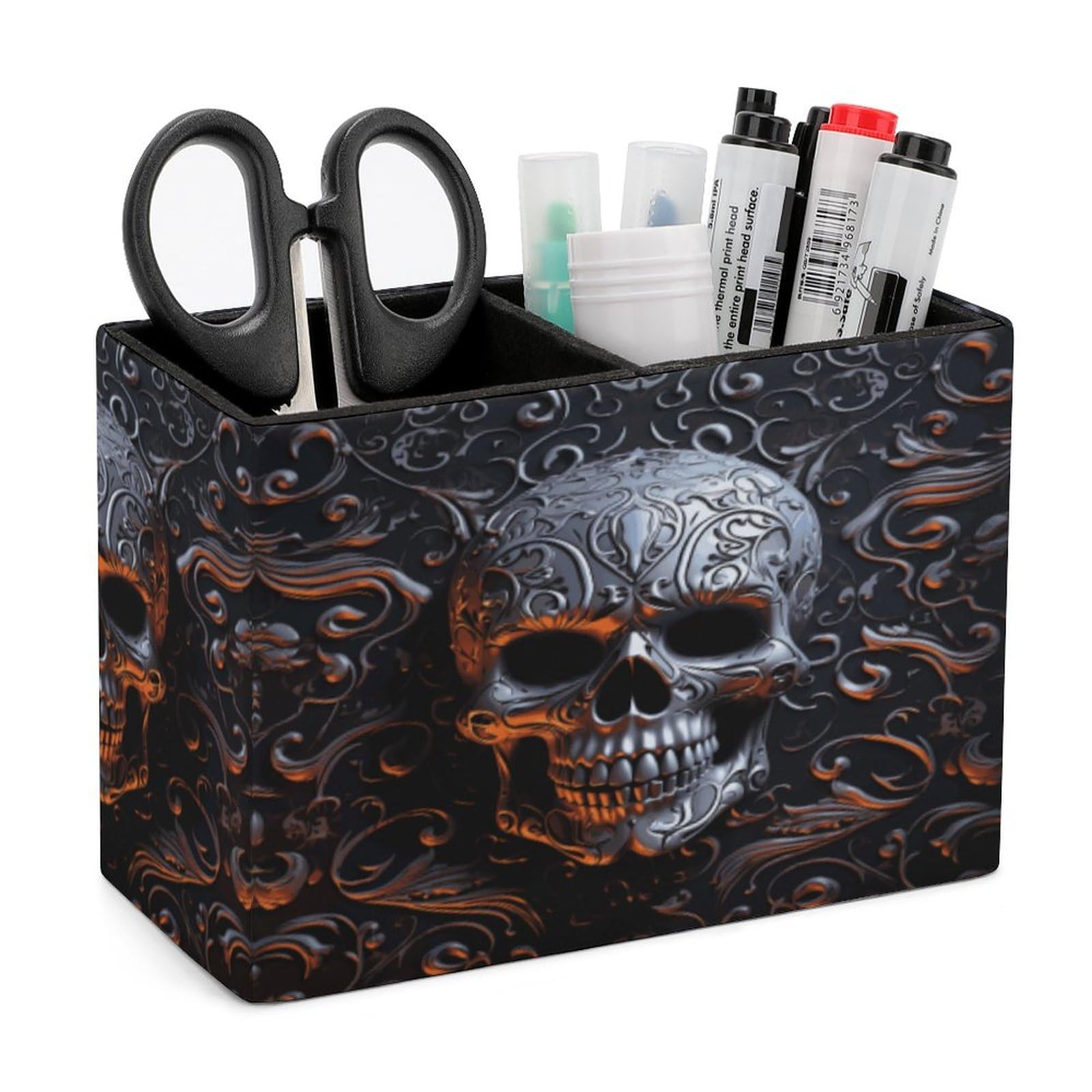 HKMNTGD Pen Holder for Desk,Cool Skull Graphics Printed Square Leather Pencil Holder Double Compartments，Desktop Organizer Office Accessories Container Box