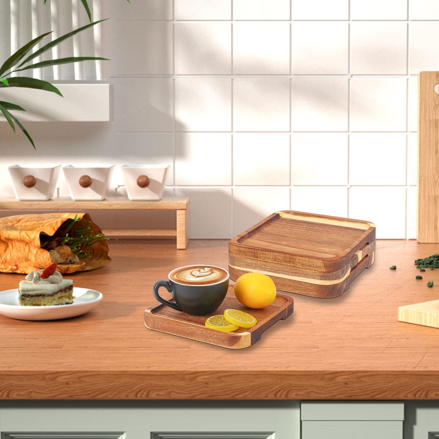 4 Pack 7.5 Inch Acacia Wooden Plates, Solid Wood Serving Plates, Square Acacia Wood Trays, Highly Durable, Dishwasher Safe, Easy Carry Grooved Handle for Cheese, Fruit, and Charcuterie