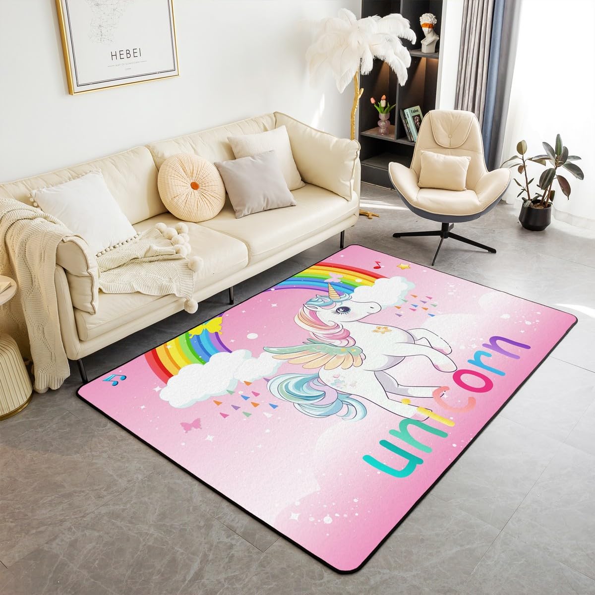 Unicorn Living Room Rugs 3x5 for Girls, Kawaii Rainbow Unicorn Area Rug for Bedroom, Kids Galaxy Stars Carpet Non Slip, White Horse Floral Indoor