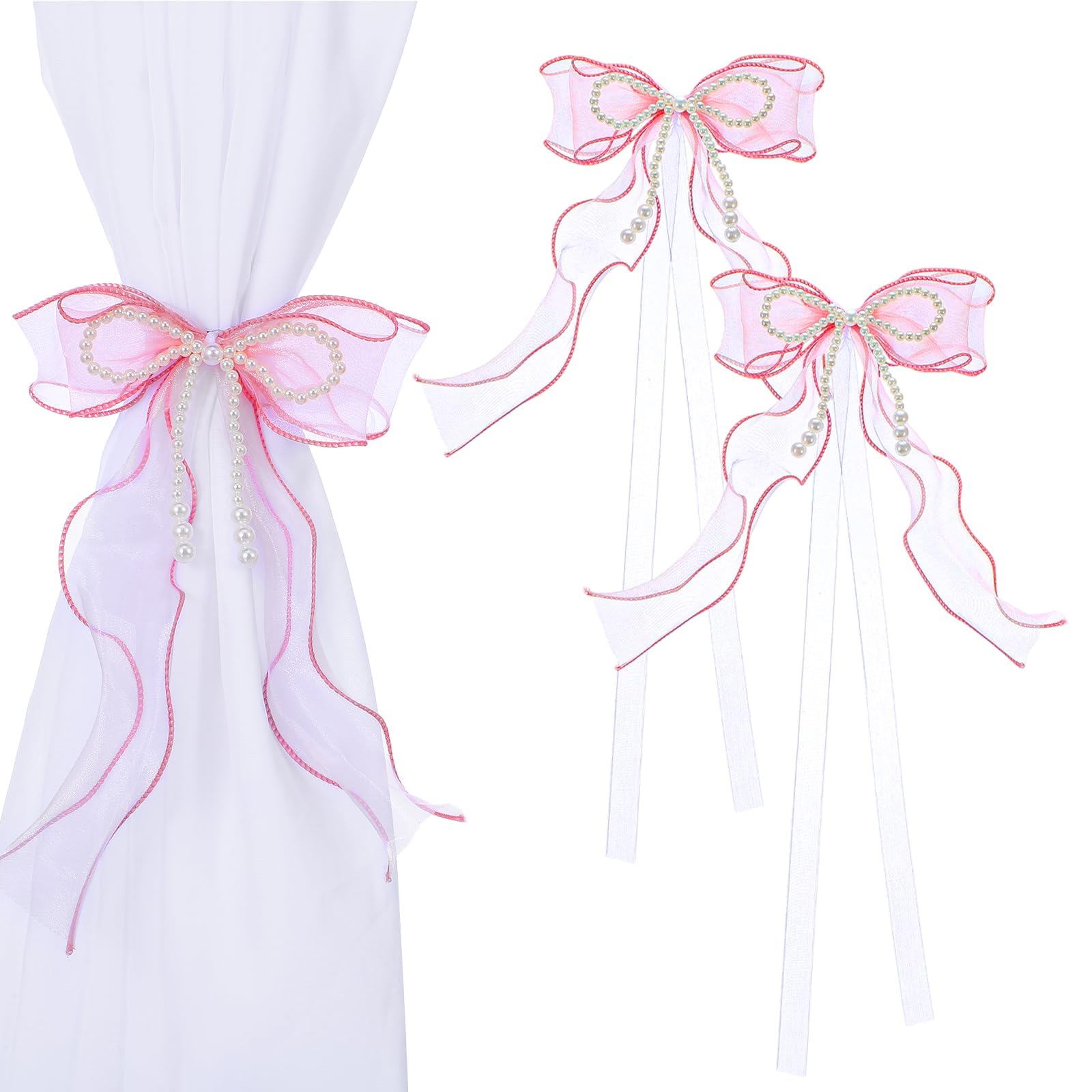 2 pcs Curtain Holders Tieback, Pink Pearl Bow Curtain Tie Backs, Elegant Curtain Management for Bedrooms and Living Rooms, Wedding Party and Office Decor, Set of Two Pearl Bow Tiebacks-image-39