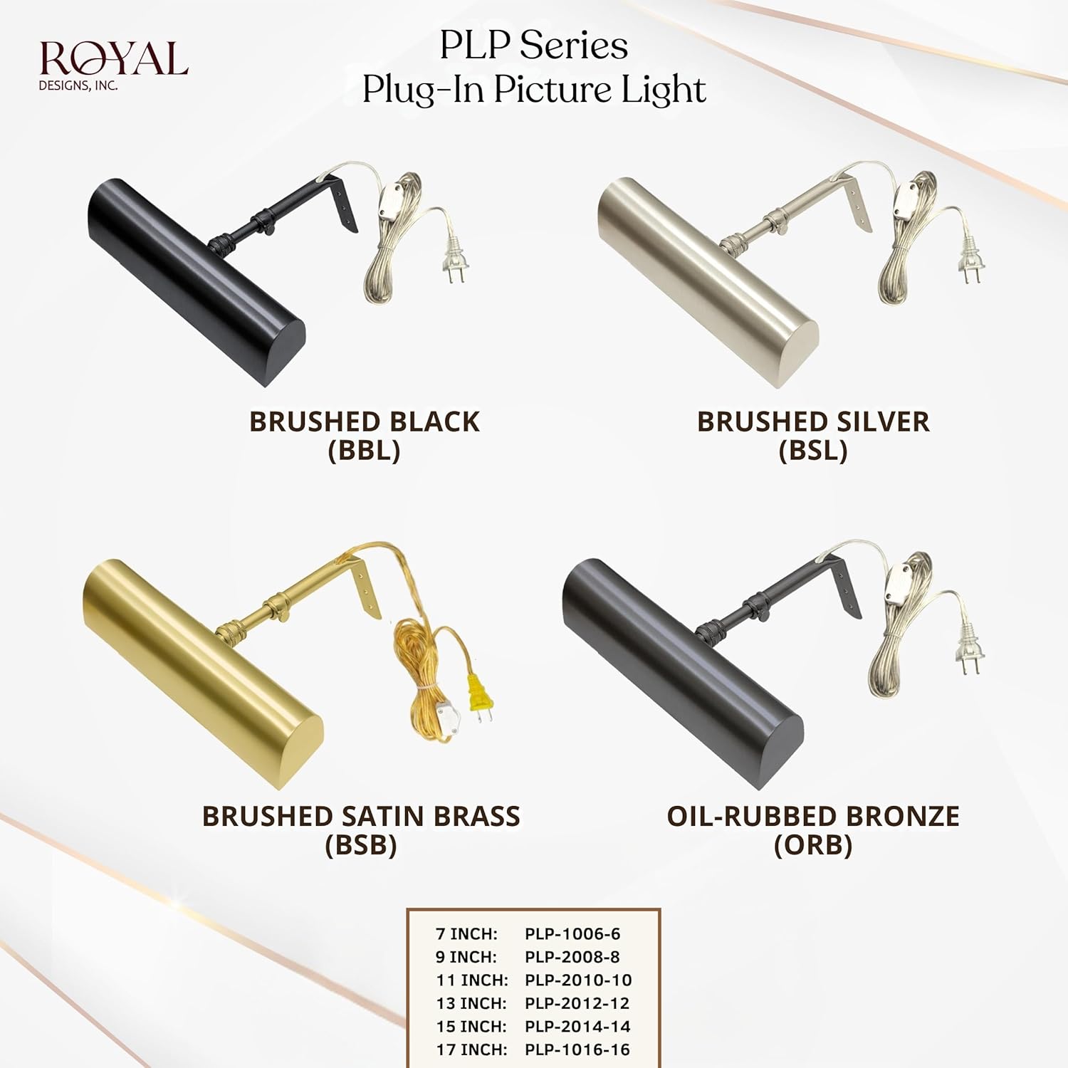 Royal Designs, Inc. Plug-in Picture Light, Gallery Lighting, 12 ft Cord with in-Line Hi/Low/Off Switch, PLP-2012-12-BSB, Brushed Satin Brass Finish, 12.75 inch