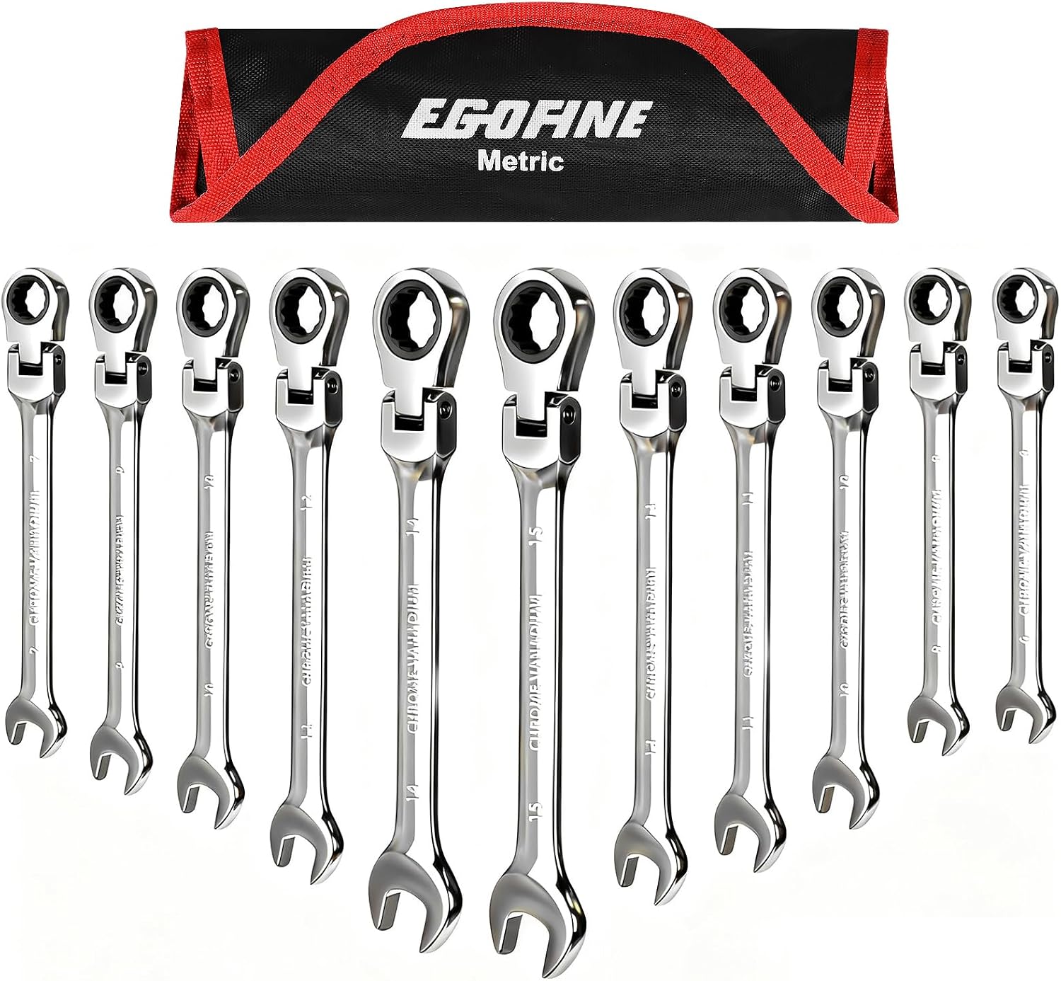 Egofine Flex Head Ratcheting Wrench Set 11 Piece, Metric Wrench Set, CR-V Steel 6-15mm Wrench, 72-Teeth Combination wrench set, Chrome plated Ratchet Wrenches Set with Tool Roll Bag