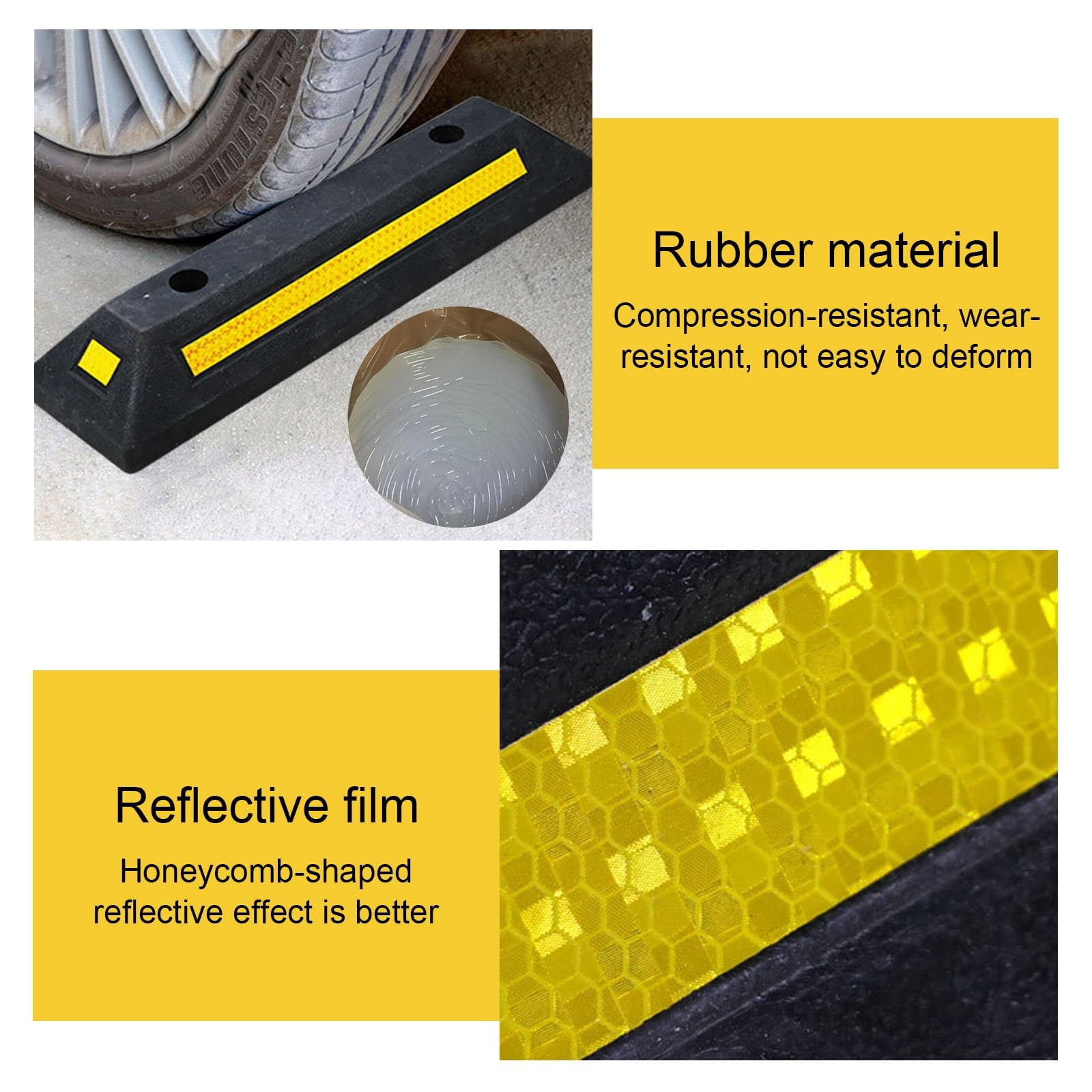 Tope de Aparcamiento for Garaje con Película Reflectante, Tope Rueda Garaje de Goma, Tapones de Neumáticos de Vehículos for Entradas de Vehículos y Estacionamientos Comerciales (2 Unidades)