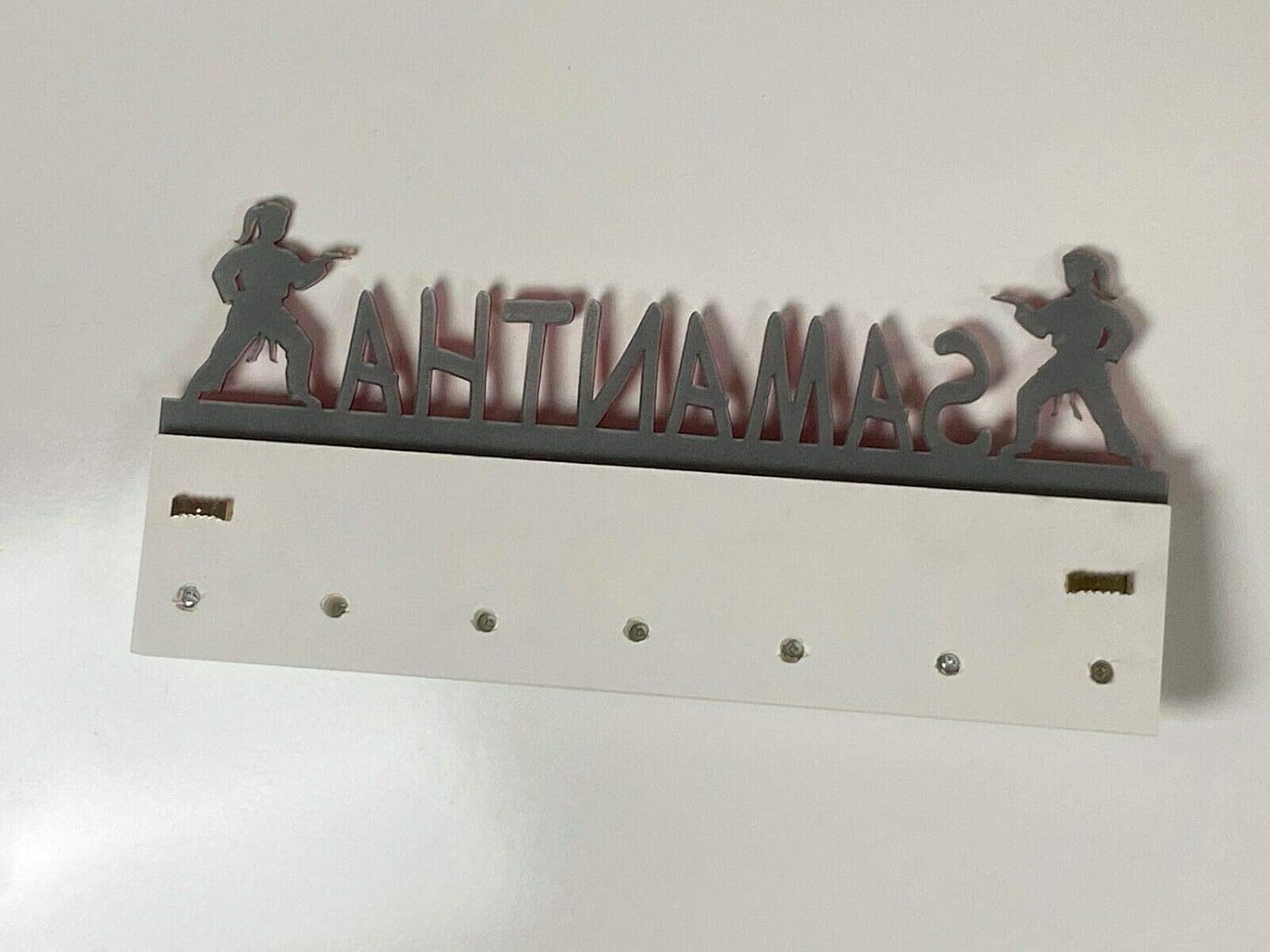 MIRROR MANIA Custom Personalized Medal Holder Girl Female Karate Martial Arts Display Awards Belt Hanger Rack with Hooks 60+ Medals Ribbons Sports 16'' Wide Made to Order with Your Name On It