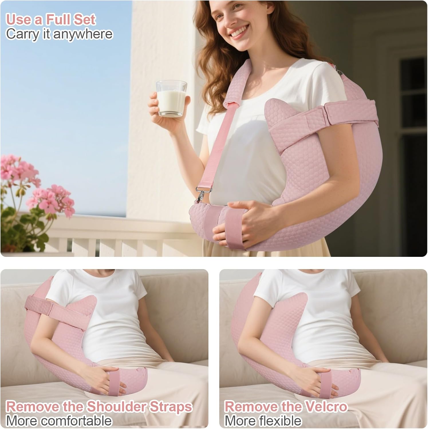 Rotator Cuff Pillow, Removable Shoulder Support Pillow for Frozen Shoulder Relief, Post Arm Surgery Recovery Supplies, Broken Arm Cushion for Pain Relief and Side Sleeping, Pink - Image 6