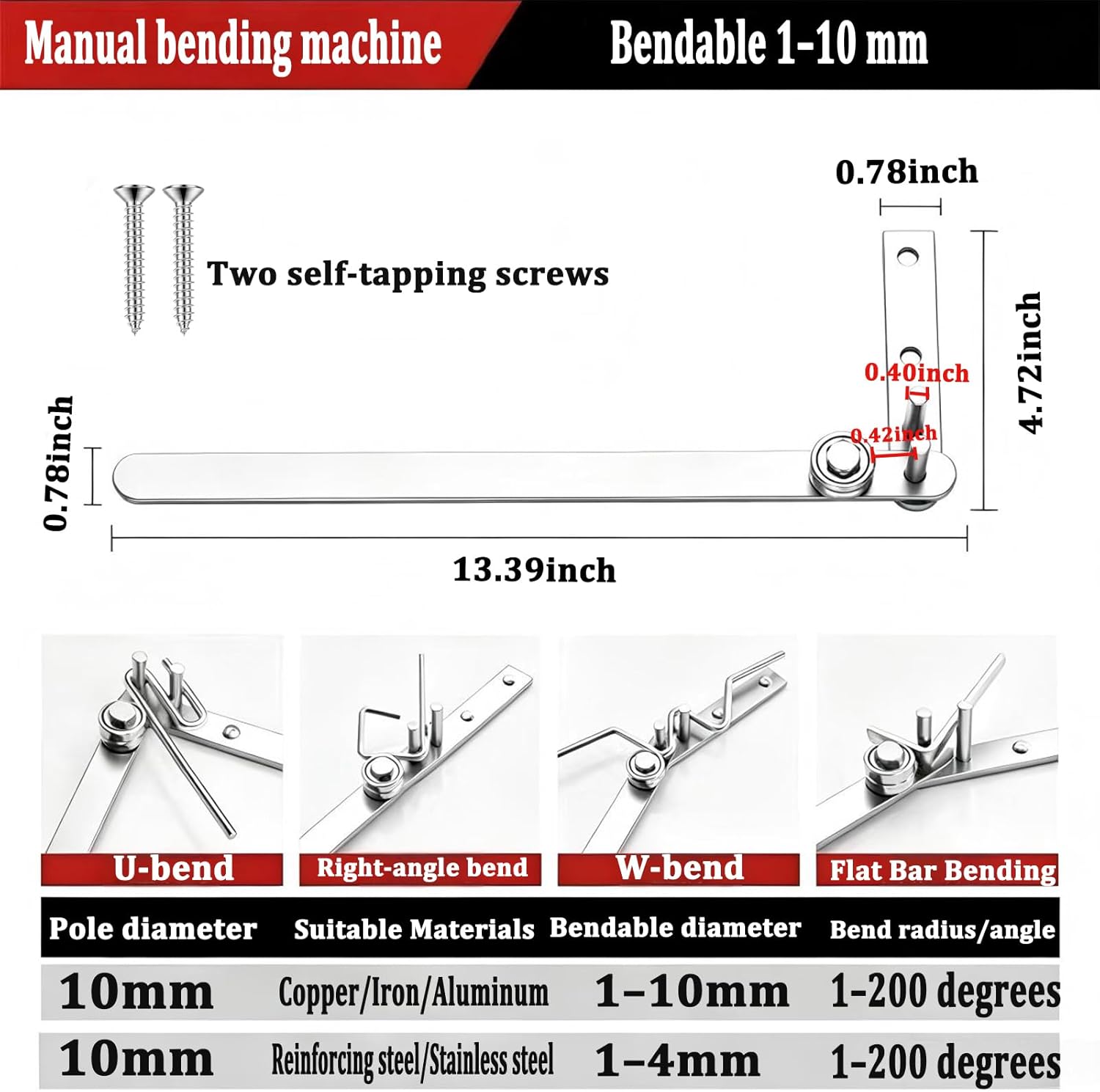 Manual rebar bender/Mini pipe and wire bender/Steel structure bench-top bending tool, suitable for bending 1/6-inch wire and pipe, as well as 3/8-inch aluminum and copper rods