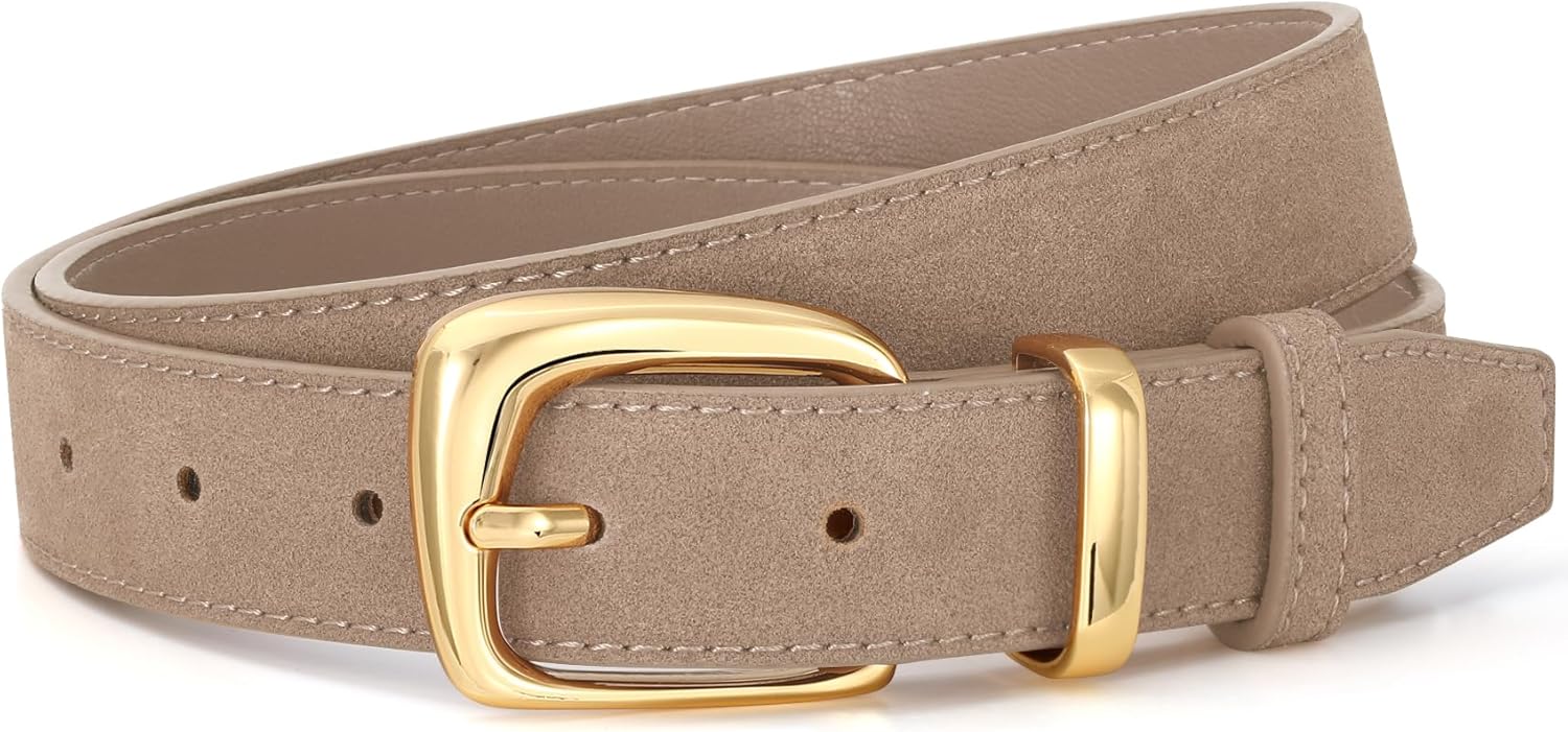 SANSTHS Women Suede Genuine Leather Belt for Dresses Jeans Fashion Retro Gold Buckle Ladies Waist Belts