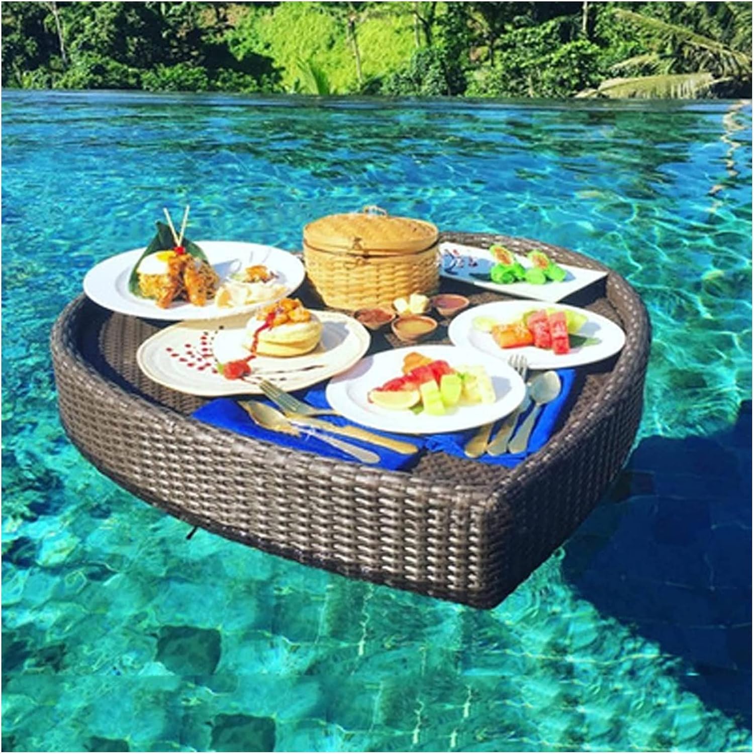 Luxury Floating Serving Tray Pool Tray Table, 85X82X20Cm Rattan Refreshment Tray, White Heart-Shaped Swimming Pool Floating Breakfast Tray Leaf Type Swimming Pool Floats