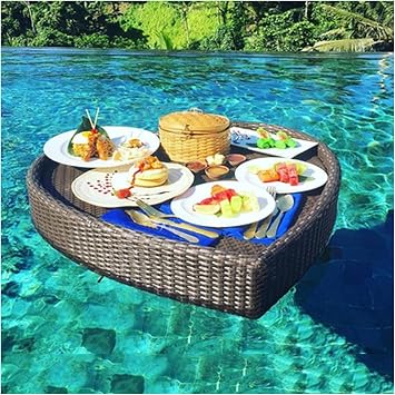 Luxury Floating Serving Tray Pool Tray Table, 85X82X20Cm Floating Tray for Pool, Heart-Shaped Serving Table Rattan Woven Floating Food and Drink Holder for Parties, Outdoor Bar (Co