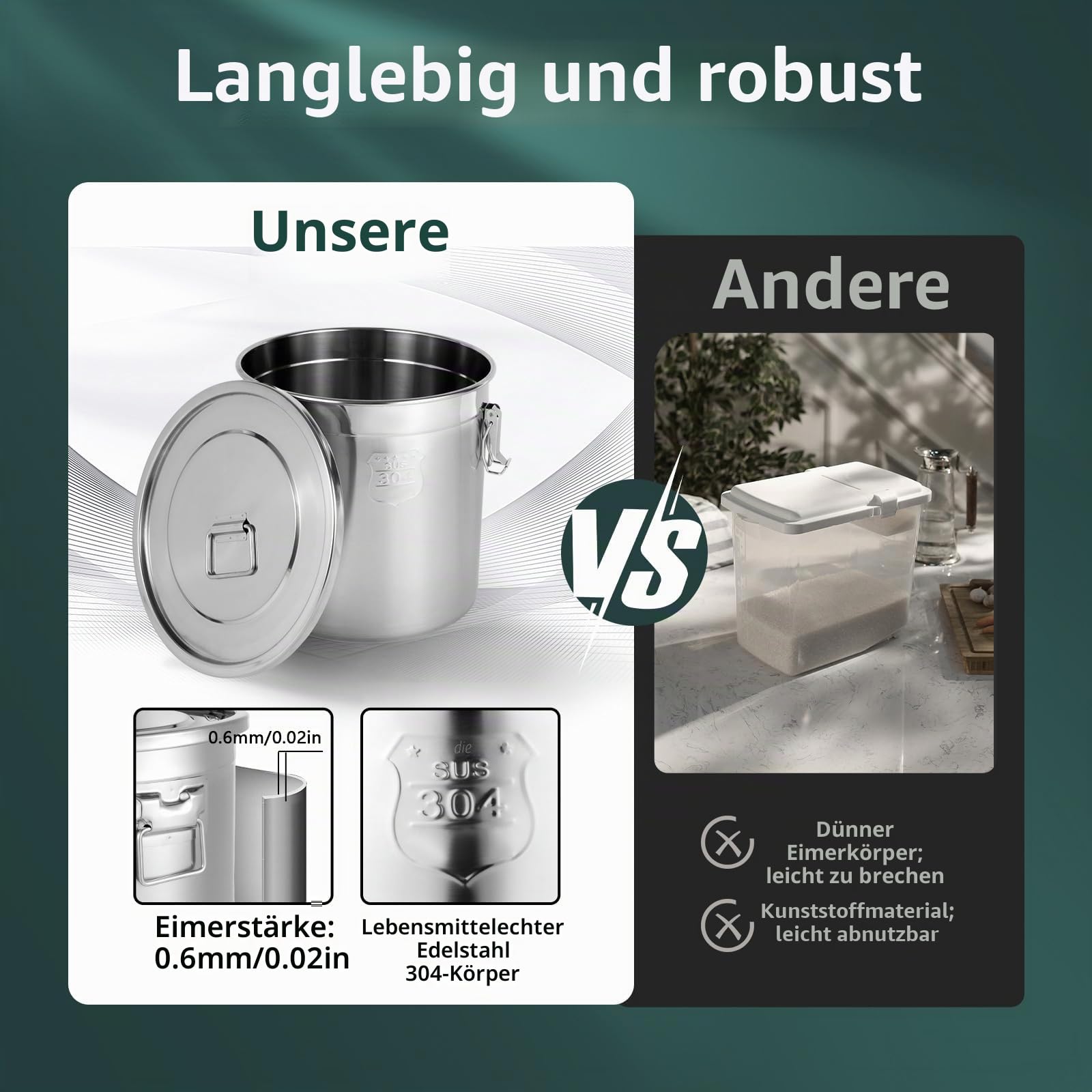 21L Eimer mit Deckel, Edelstahl Behälter Luftdichter Getreidebehälter aus 304 Edelstahl mit Verriegelungsklemme, Metalleimer für Mehl, Reis & Getreide Lebensmittelaufbewahrung, Silber