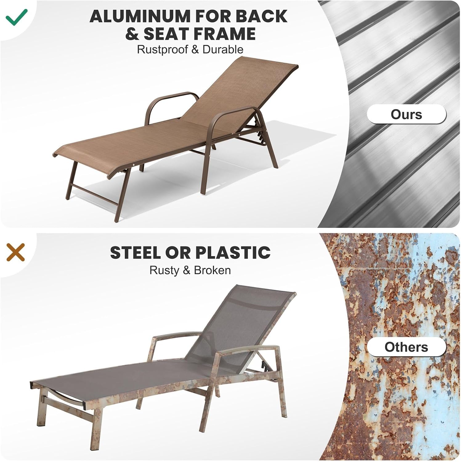 Crestlive Products Chaise Lounge Chair Outdoor with Armrests, Pool Lounge Chairs Set of 2, Aluminum Adjustable 5 Positions Sun Tanning Lounger for Patio, Poolside, Yard, Deck, Backyard (Brown)
