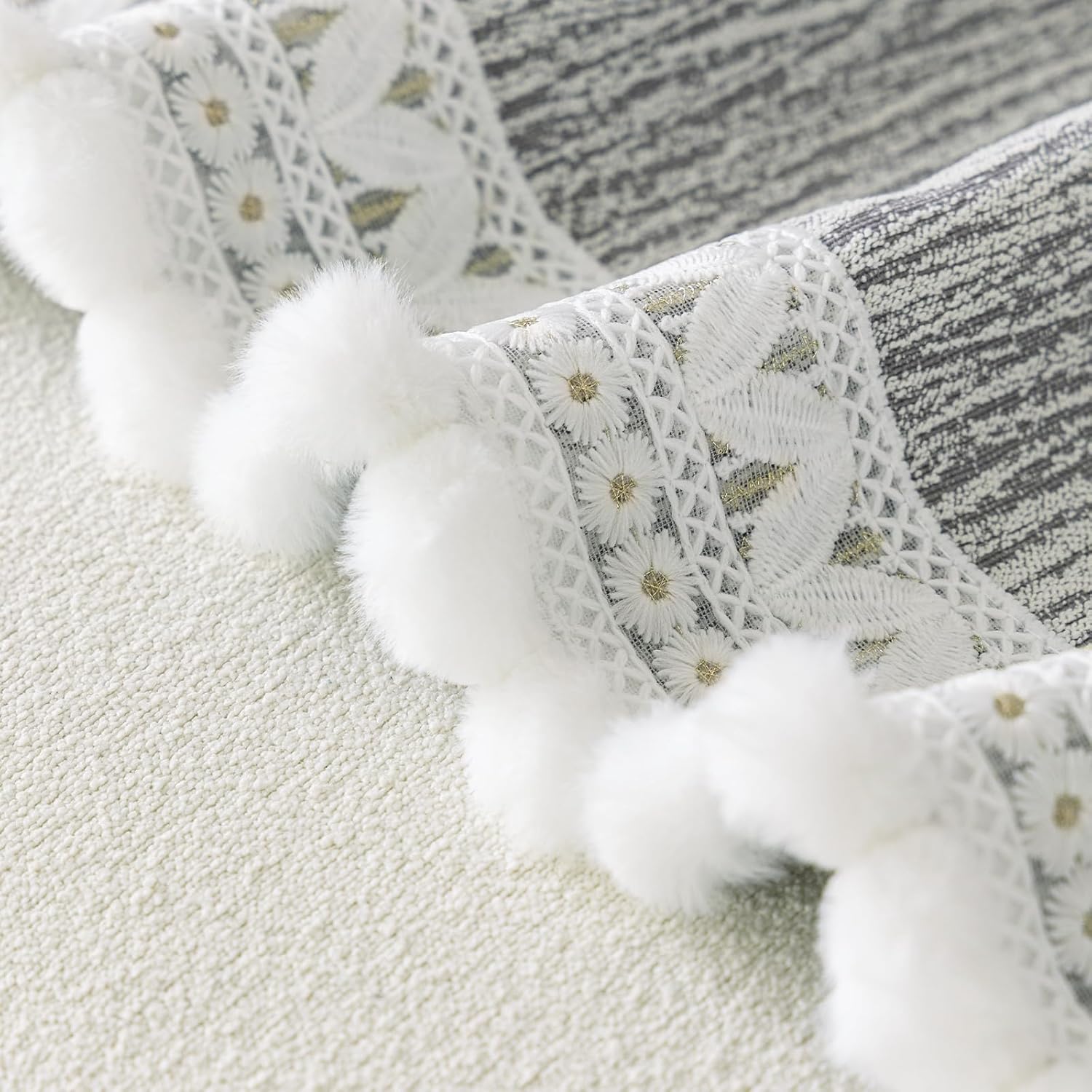 VOGOL Light Gray Sofa Throw with Pom Poms, Striped Texture Couch Blanket, Soft Chenille Furniture Protector for Chairs, 70x90 Inches, 1 Piece