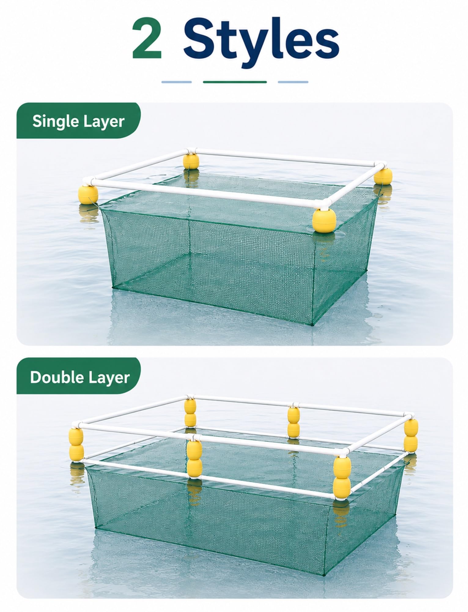 Red Flotante para Peces con Tapa, Malla de 3 mm y Malla Superior de 8 mm | Marco de tubo de PVC for cesta de peces de una o doble piso, flotadores de espuma for estanque