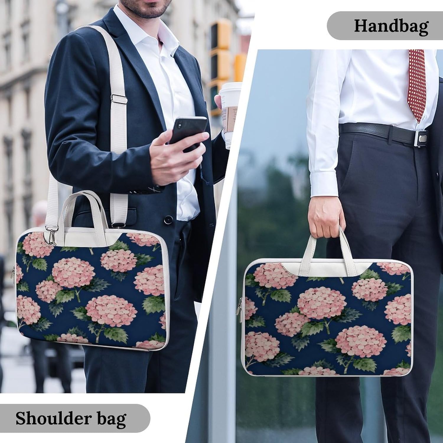 Navy Floral 42x30.5cm White-style Laptop Bag Leather Tablet Computer Briefcase Large Capacity Work Business Tote Bags for Office