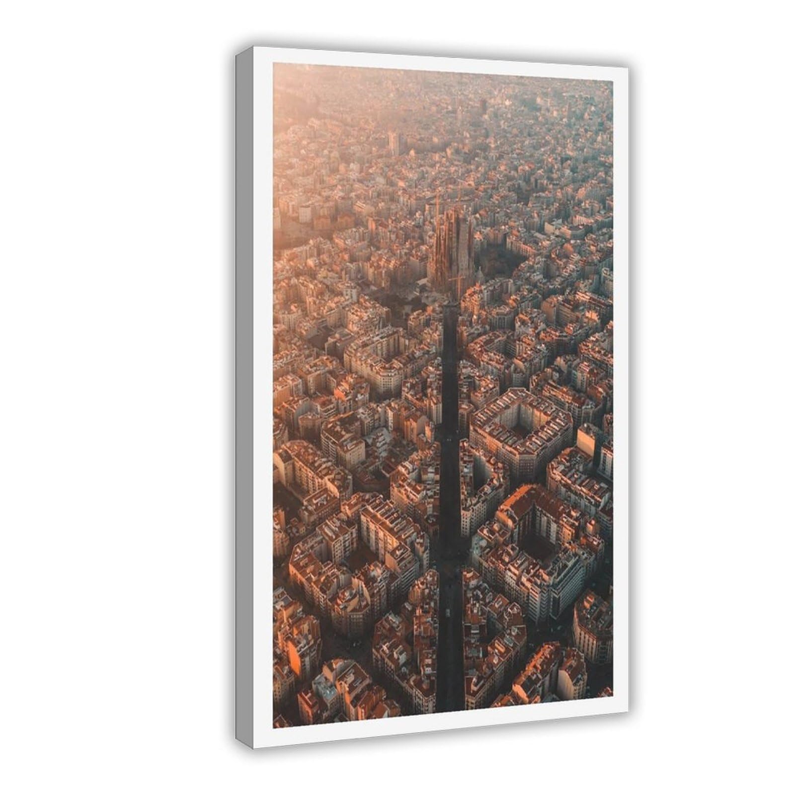 Heyanm Barcelona Aerial Print Sagrada Familia Sunrise Spain Canvas Poster Wall Art Paintings For Living Room Bedroom Decoration Frame 20X30inch