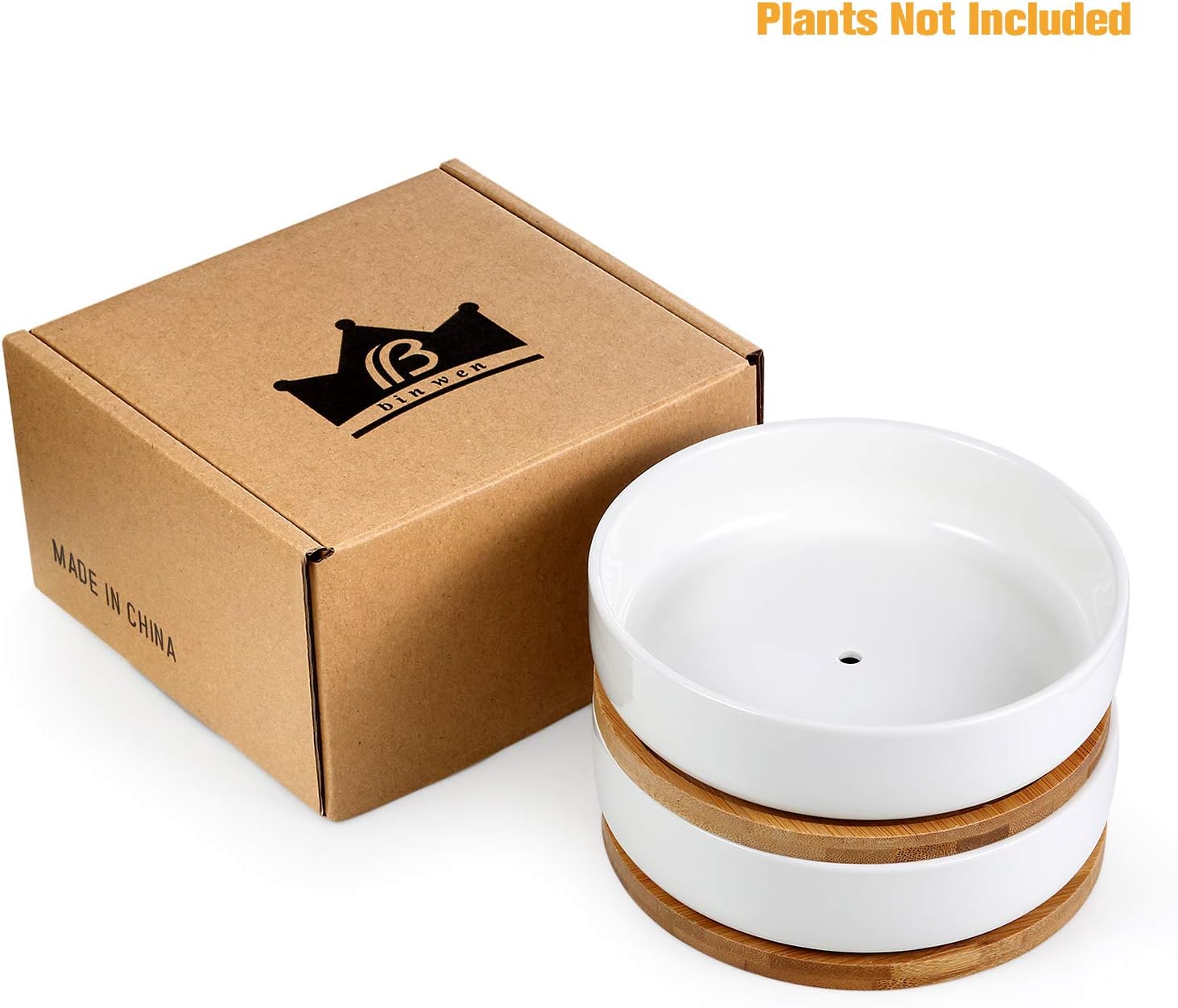 Binwen Succulent Pots，6.3 inch White Round Ceramic Succulent and Cactus Planters with Drainage Bamboo Trays, Pack of 2 - Plants Not Included