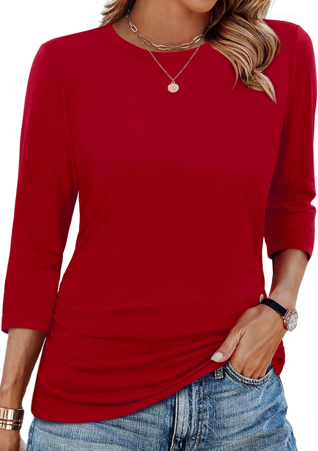 WIHOLL Womens 3/4 Length Sleeve Tops Crewneck Ruched Summer Shirts Business Casual Outfits Blouses Fall Fashion Clothes - Image 2