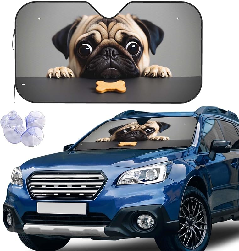 Protetor solar para para-brisa com estampa de pug triste, dobrável, com ventosas e 129,5 x 69,9 cm Jnomin