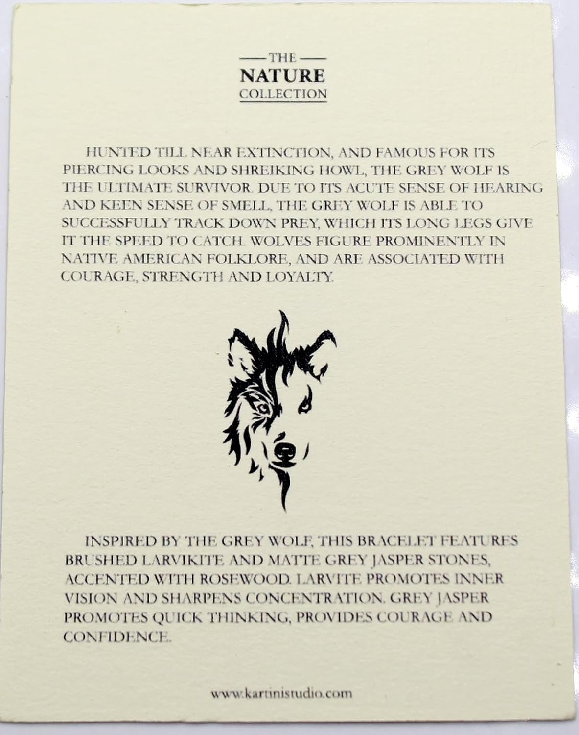 Kartini Studio Natural Stone Bracelet, Grey Wolf Bracelet, Grey Stone Bead Jewelry, Wolf Information Card - Image 9