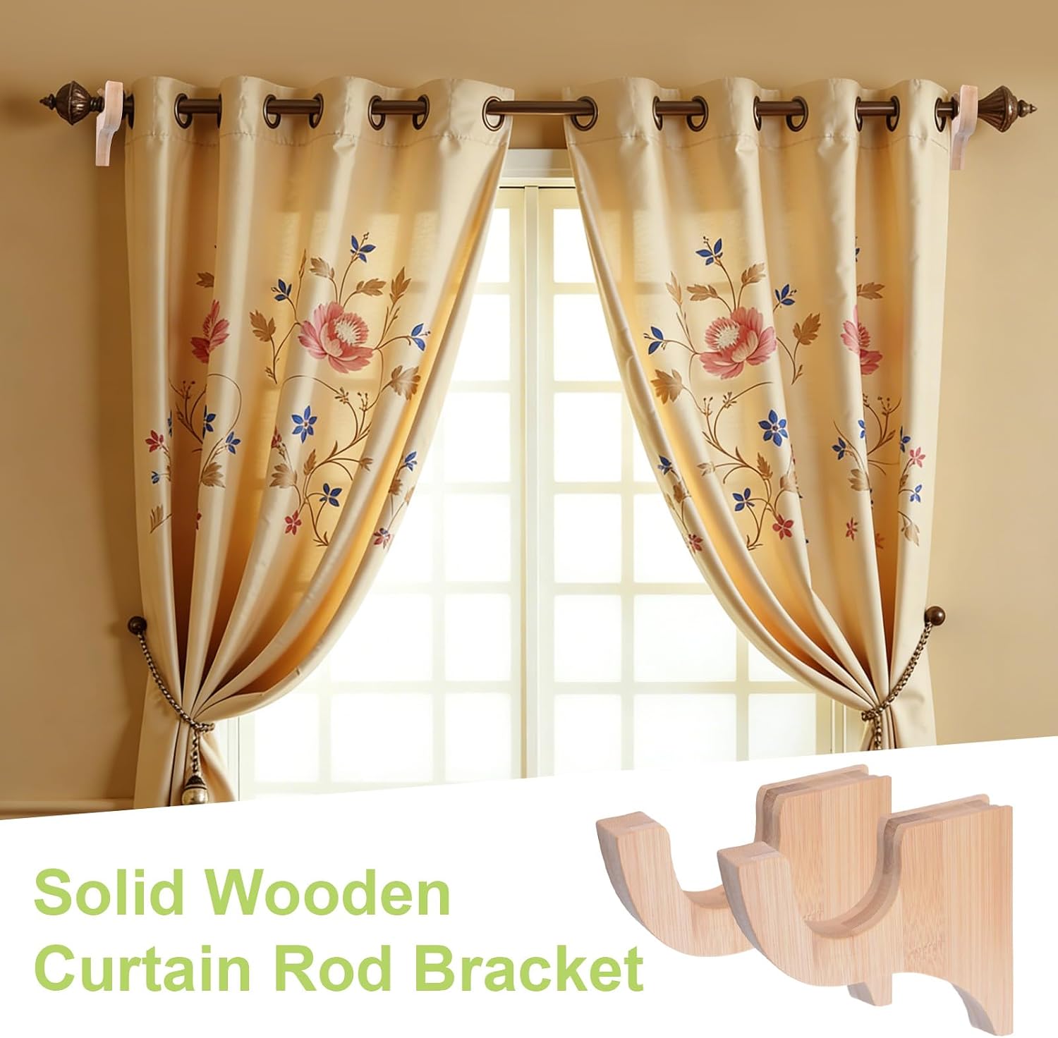 Wooden Curtain Rod Bracket 2Pcs Single Curtain Holder 3-1/2" Return Bracket for 2" Pole Heavy Duty Curtain Rod Supports for Hanging Drapes (Light Wood Color)