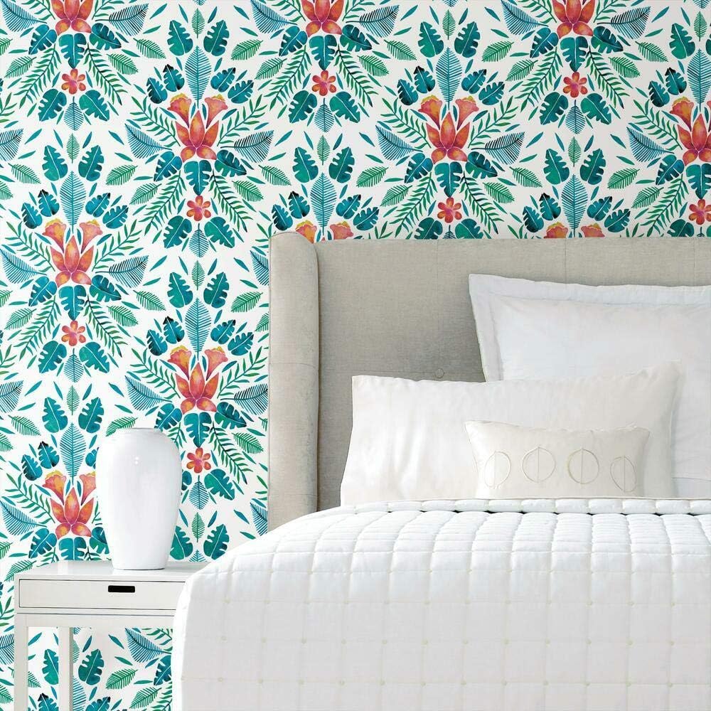 RoomMates RMK11391RL Cat Coquillette Blue and Orange Tropical Peel and Stick Wallpaper