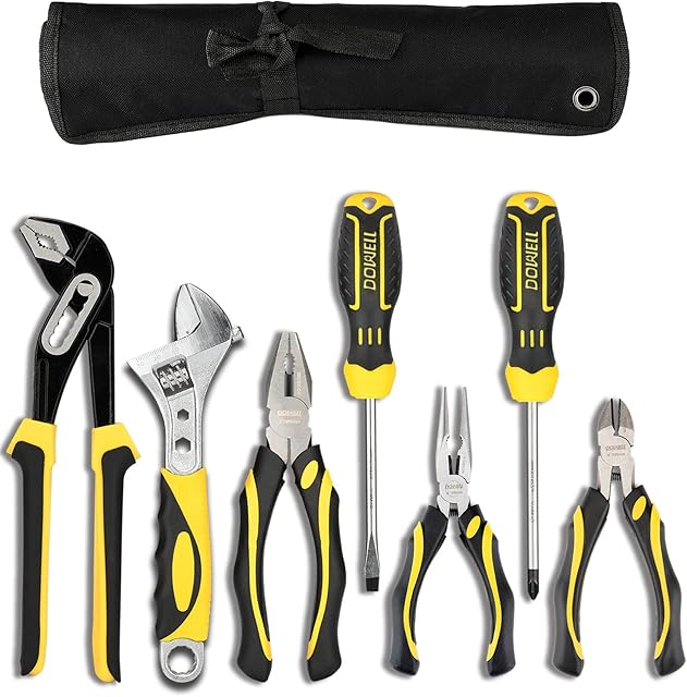 DOWELL Pliers Set 5-Pieces 10-Inch Groove Joint Pliers 8-Inch Adjustable Wrench Combination Pliers 6-inch Long Nose Diagonal Cutting Pliers Screwdrivers Maintenance Tool Kit with Tool Pouch (7PC)