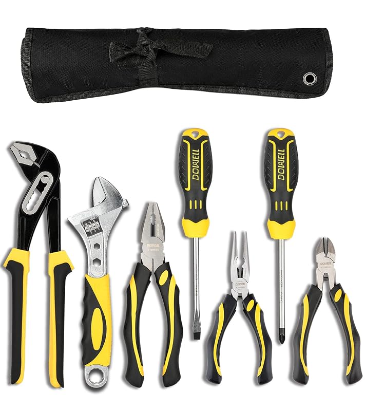 Kit de Alicates DOWELL com 7 Peças em Aço, Alicate Bomba-d’Água de 25,4 cm, Chave Ajustável e Chaves de Fenda com Bolsa