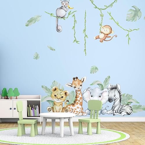 Miniatura 93 de Calcomanías de pared de animales de acuarela de 56.29 x 44.88 pulgadas, calcomanías de animales de selva, tigre, elefante, cebra, jirafa, mono