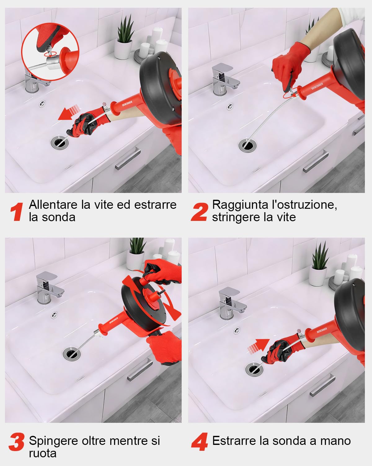 DEWINNER Sonda Sturatubi, serpente di scarico con adattatore per trapano, 10 m, flessibile, da usare manualmente o alimentato per cucina, bagno e doccia lavello con guanti