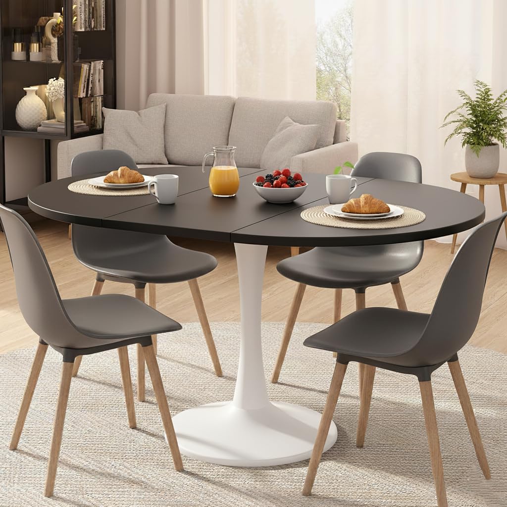 Nowoczesny wysuwany stół do jadalni owalny/okrągły design 100-140 cm drewniany blat czarne wykończenie siedzenia 2-6 idealne do kuchni i salonu stylowe i funkcjonalne rozwiązanie do jadalni
