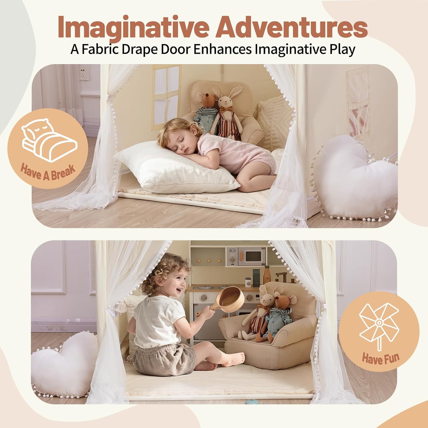 Monobeach Kids Tent Beige Play Tent with Long Mesh Curtain Large Playhouse for Indoor Outdoor Play Cottage Castle Toy for Girls Boys House Gift (Beige Kids Play Tent)