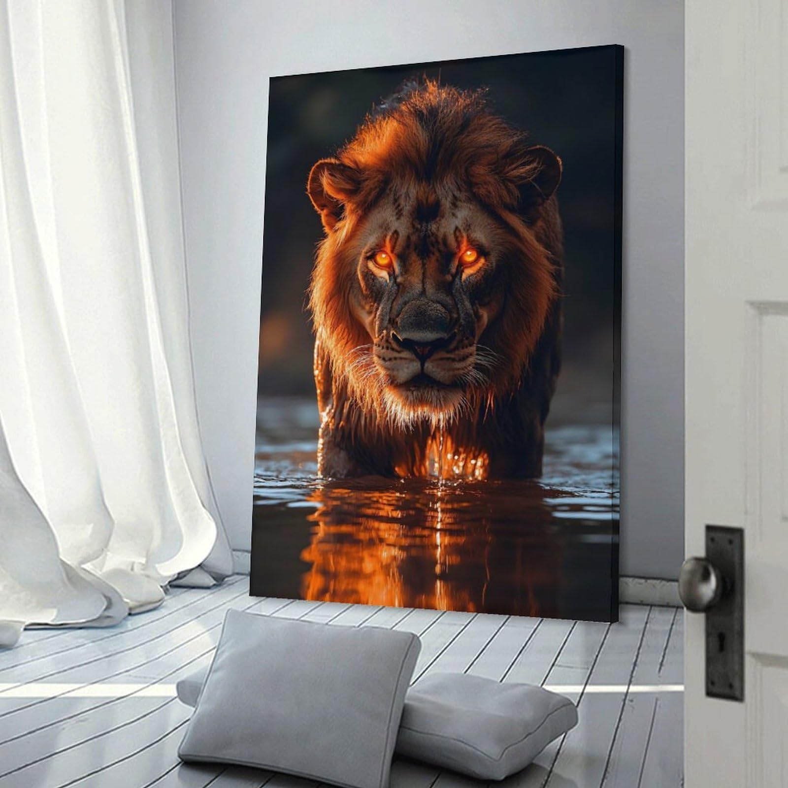 Junmoney Lion in Water with Glowing Eyes Room Decor Wall Art, 20x30inch(50x75cm), for Living Room, Lounge Or Sitting Room, A Home Accent with Warm Character