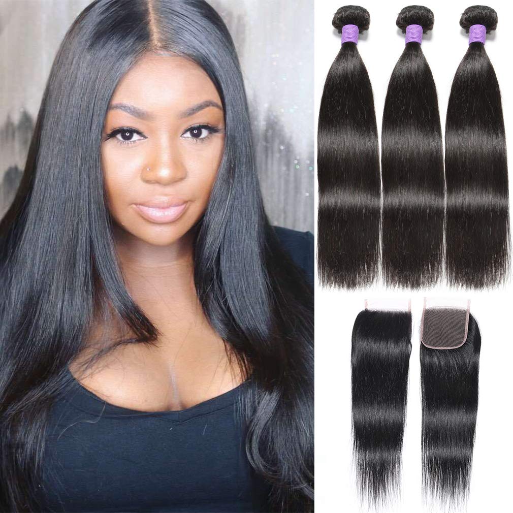 8A Grade Peruvian Straight Virgin Hair 3 Bundles with Closure 100% Unprocessed Remy Human Hair Extensions 12 14 16 +10 inch Closure Hair Weave Bundles with Free Part Lace Closure